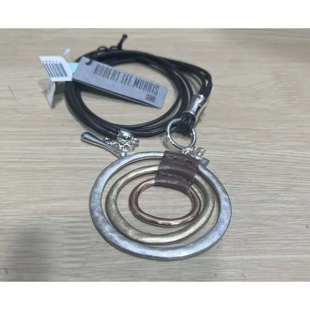 Robert Lee Morris Soho Multi-Tone Circle Pendant Necklace On Brown Leather Cord - Picture 3 of 8
